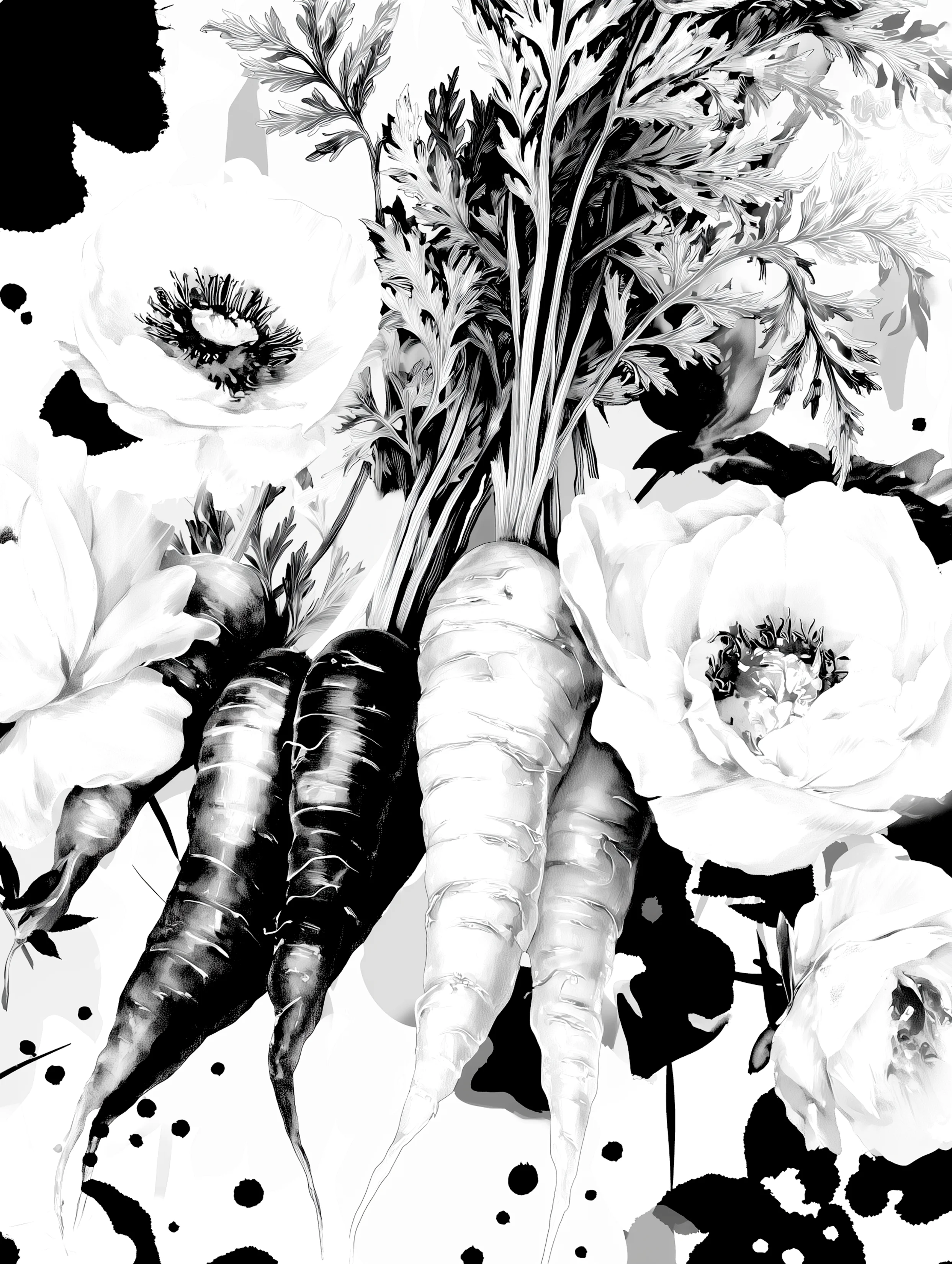 Free printable carrot coloring page for adults featuring bunch of carrots and a few flowers